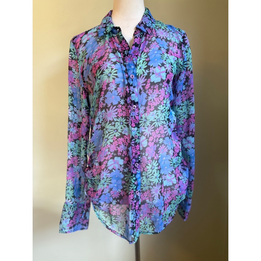 Free People Floral Ruched Side Button Down Shirt Purple Blue Small boho whimsi